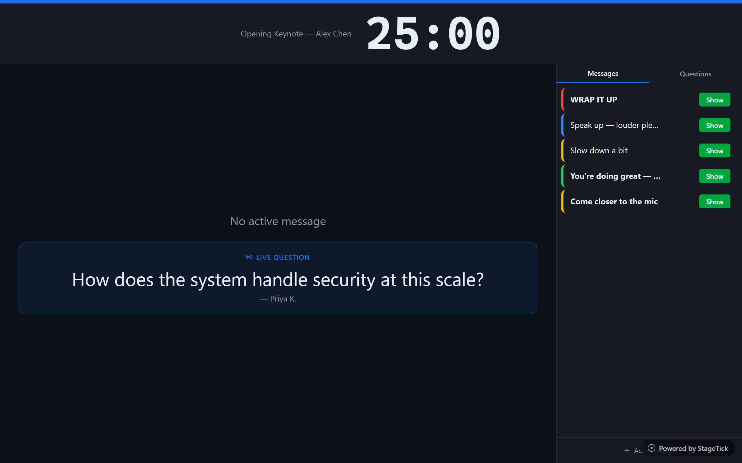 Moderator view with timer, messages, and question controls