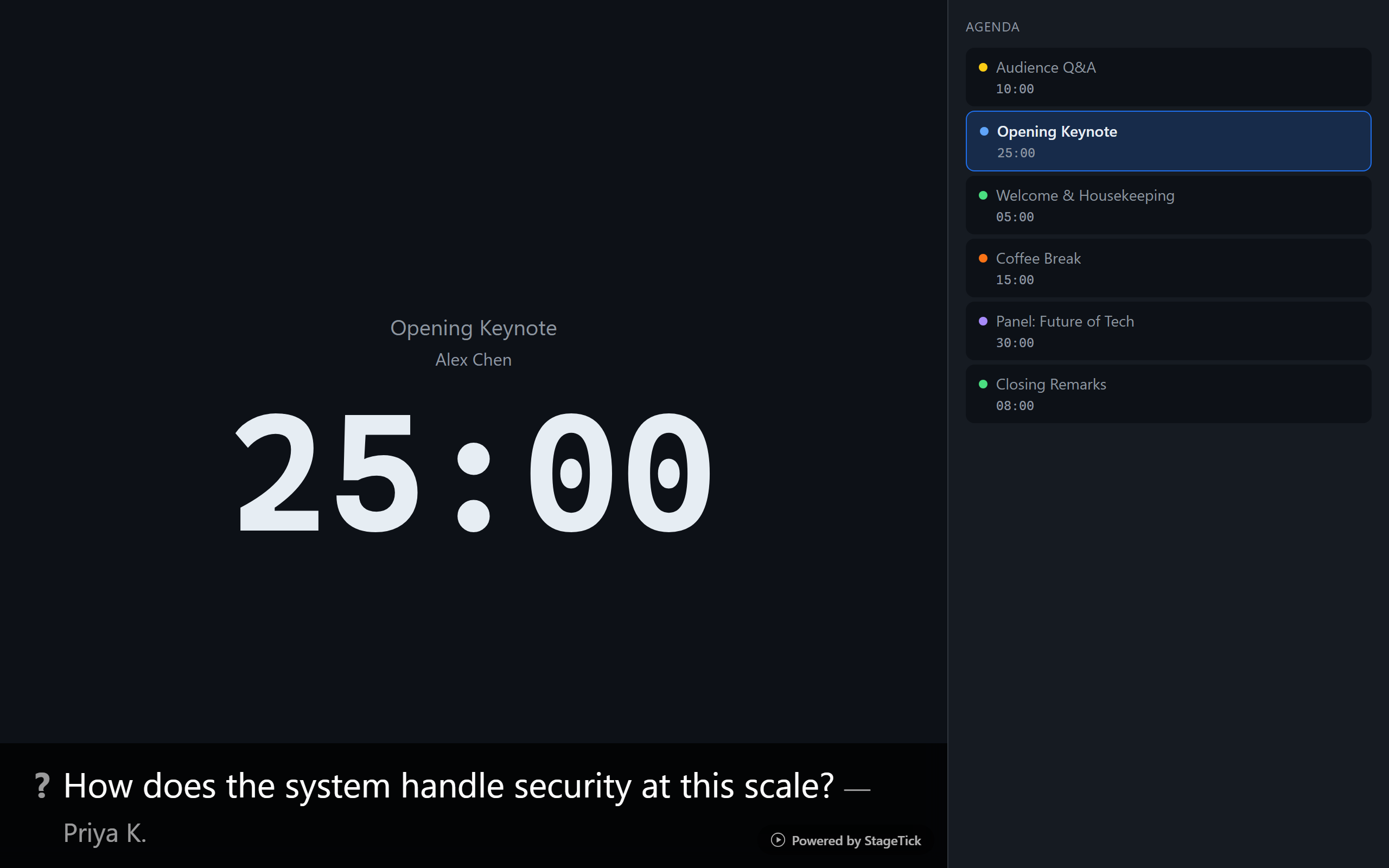 Viewer showing countdown timer with agenda sidebar