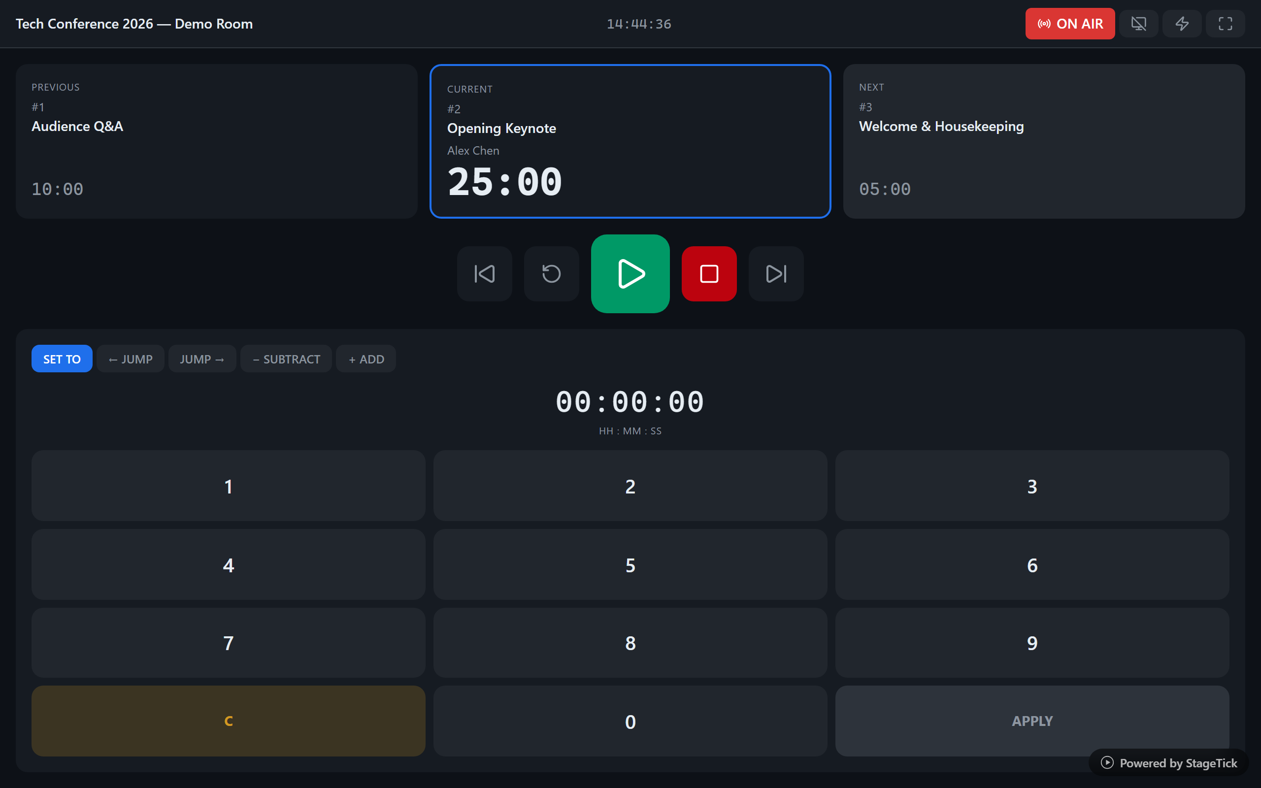 Award ceremony operator view with rundown